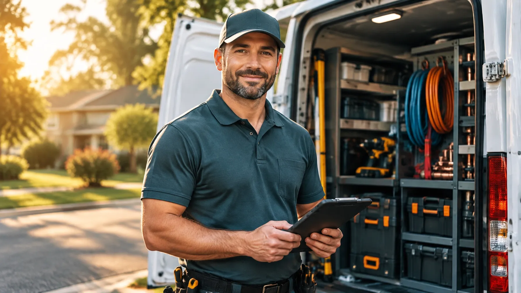 Trades owner-operator holding a tablet beside an open service van